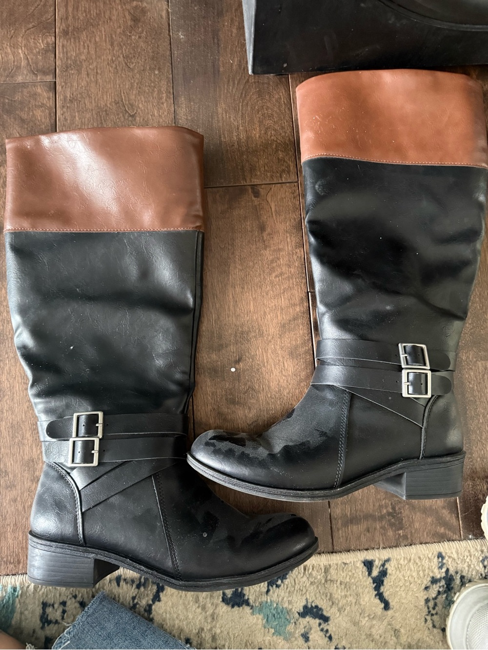 Classic Two-Tone Buckle Riding Boots — Black and Brown Wide Calf